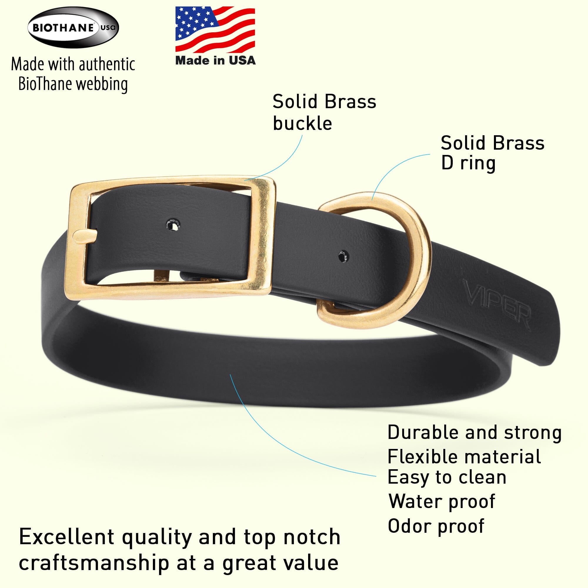 Viper Biothane Waterproof Dog Collar - Brass Hardware - Size L (18
