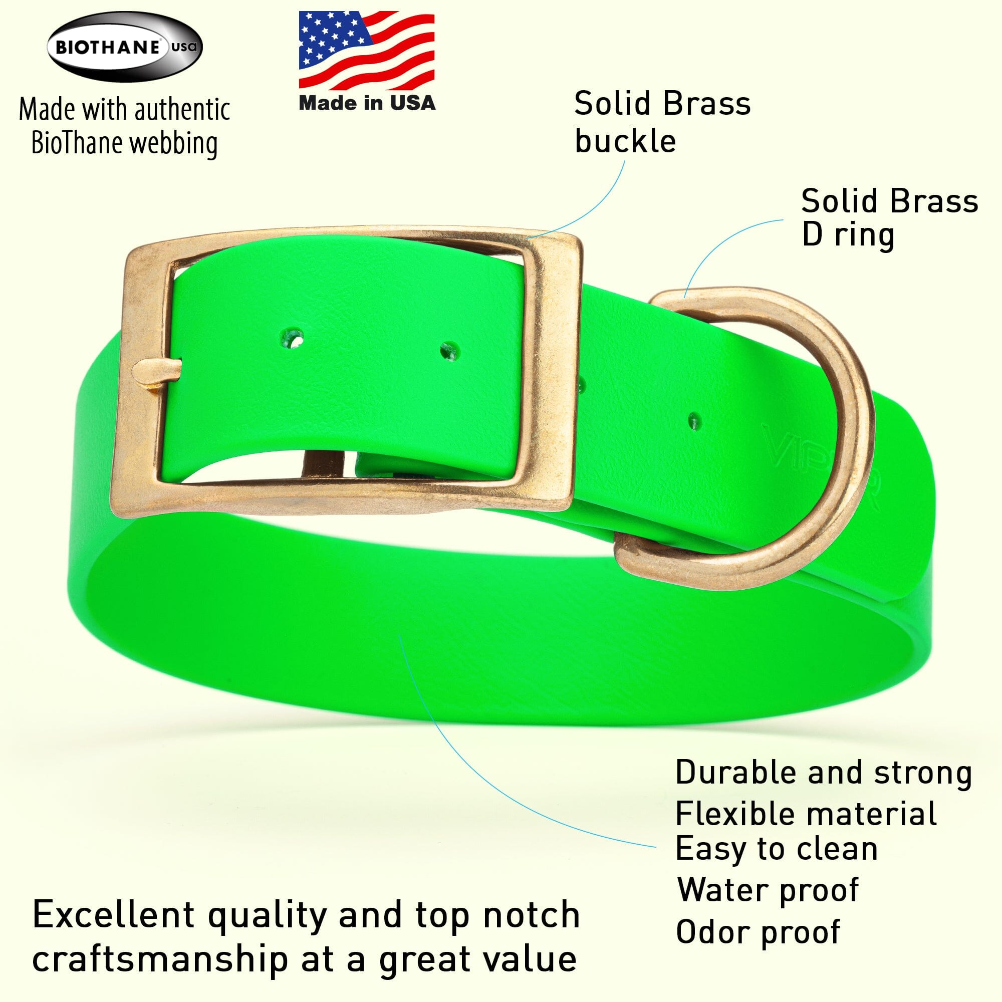Viper Biothane Waterproof Dog Collar - Brass Hardware - 1.5in Wide - Size XL (20" - 24")