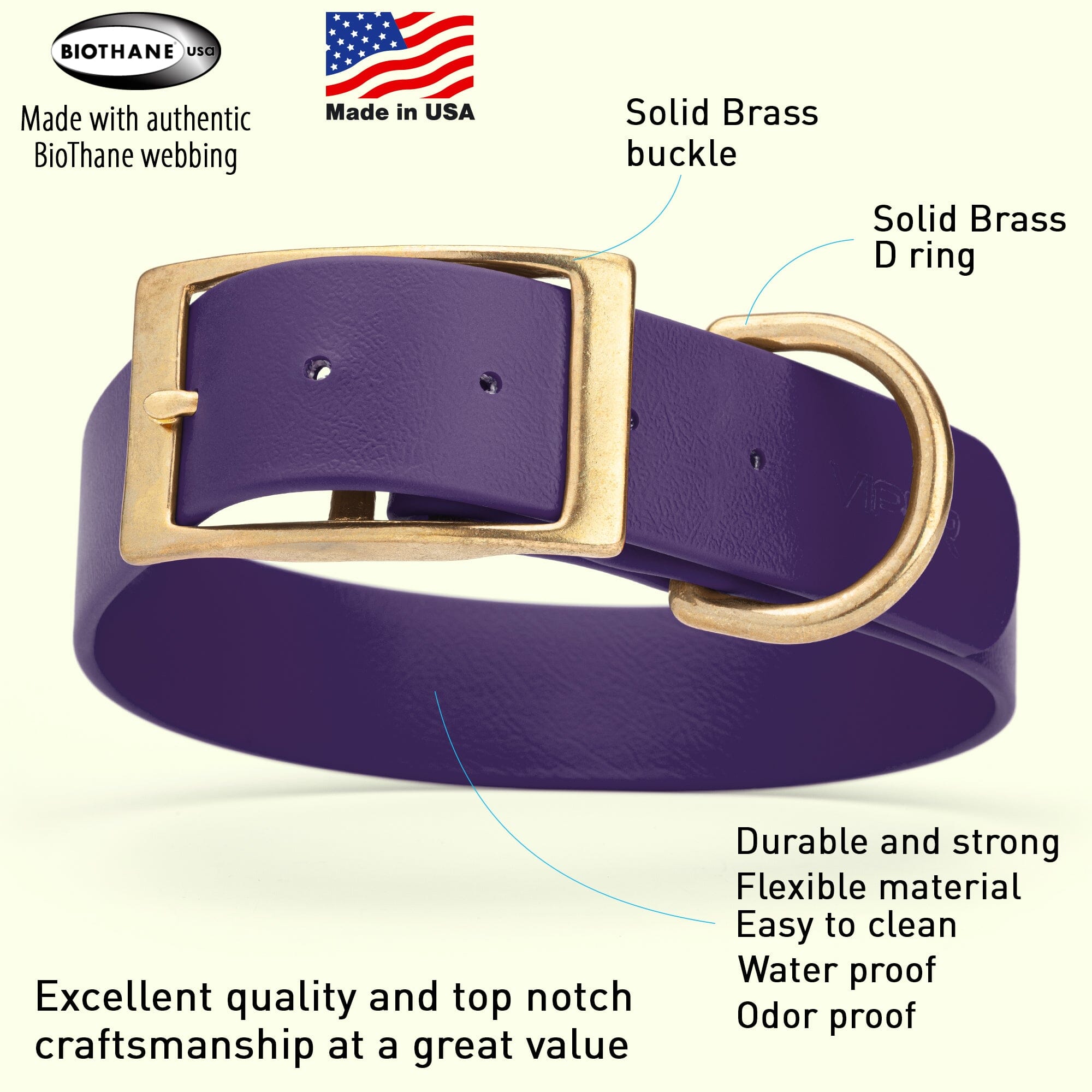 Viper Biothane Waterproof Dog Collar - Brass Hardware - 1.5in Wide - Size XXL (24" - 28")