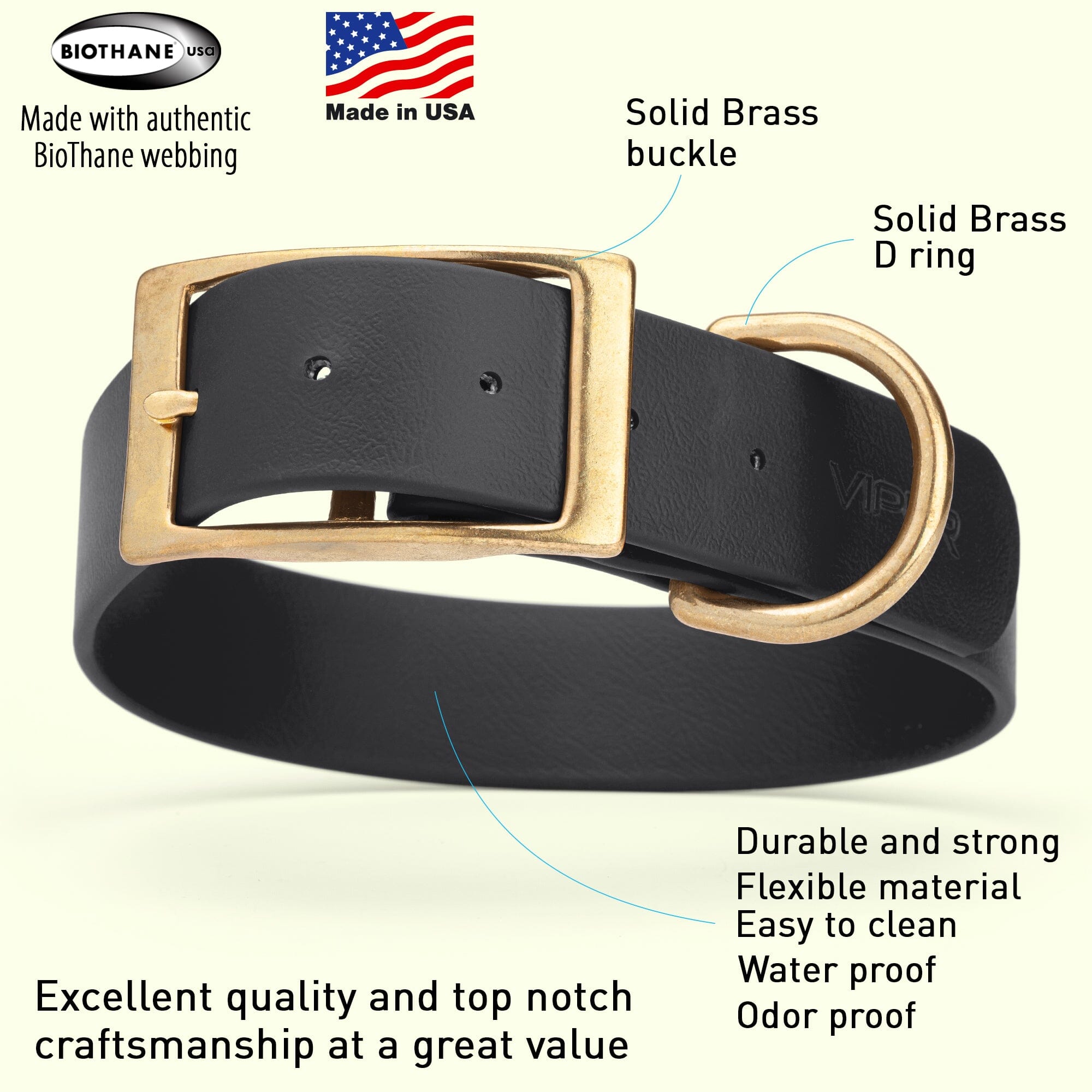 Viper Biothane Waterproof Dog Collar - Brass Hardware - 1.5in Wide - Size L (16" - 20")