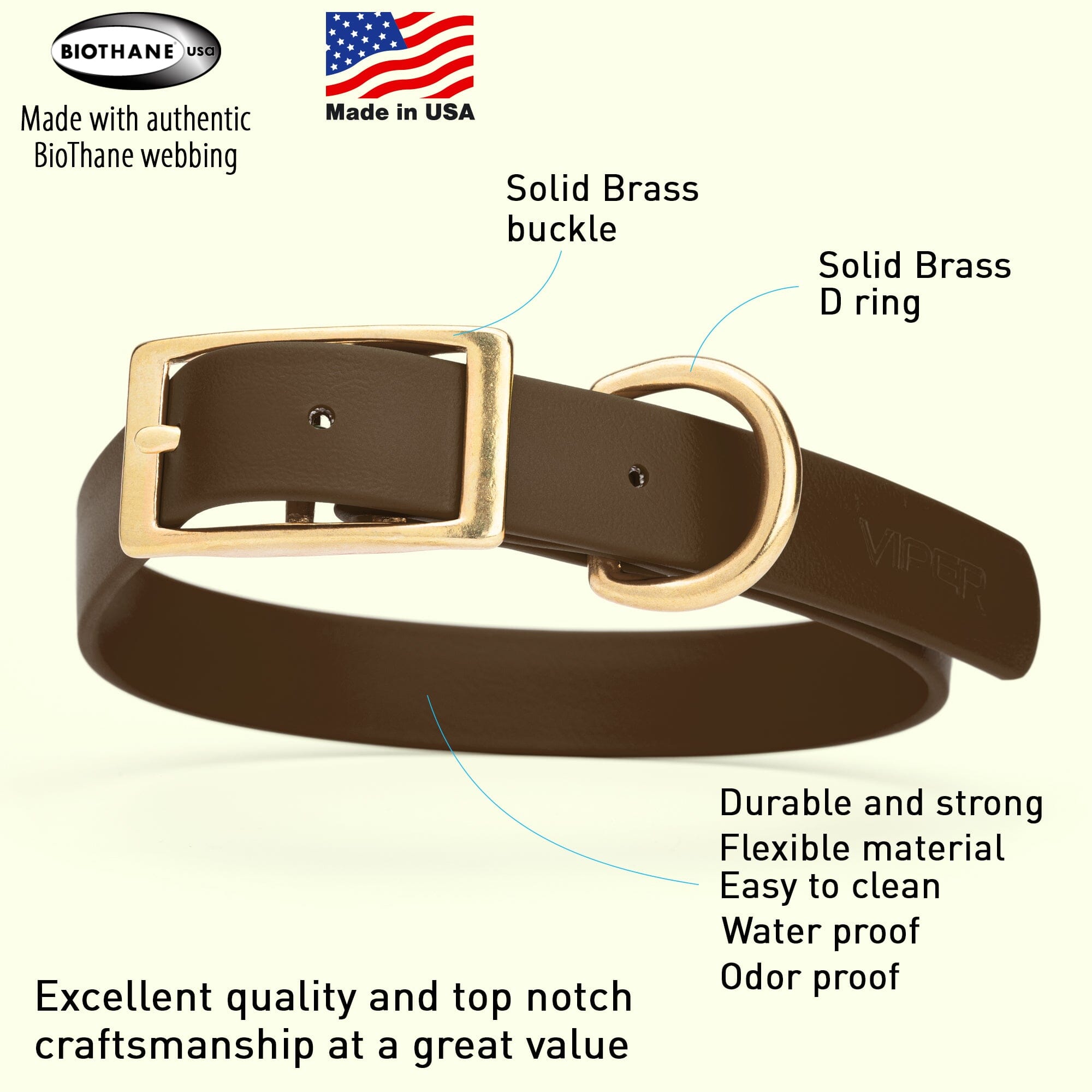 Viper Biothane Waterproof Dog Collar - Brass Hardware - Size XL (22