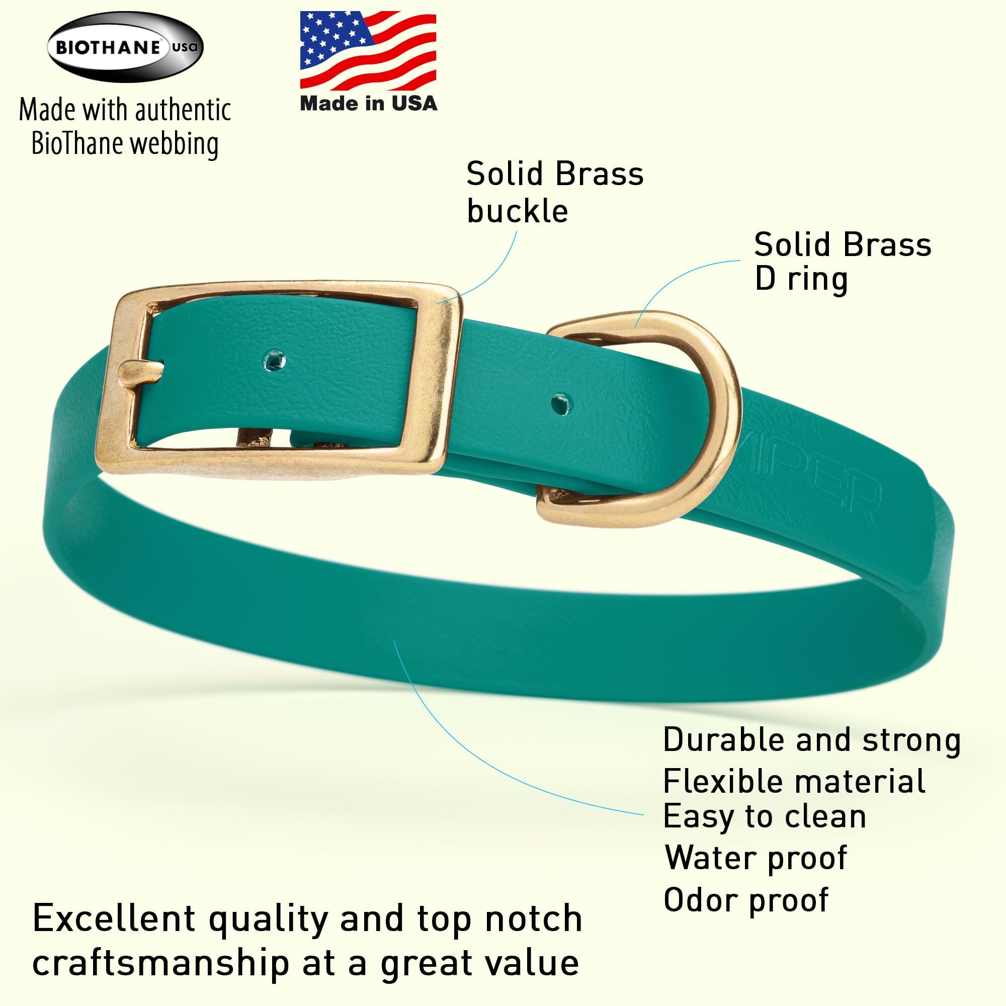 Viper Biothane Waterproof Dog Collar - Brass Hardware - Size M (15