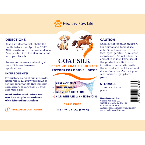 COAT SILK - Canine and Equine Dry Powder | Alleviate Odors and Itchiness | Relieves Rain Rot and Sweet Itch | Holistic Remedy and Soothing Formula | For Dogs and Horses