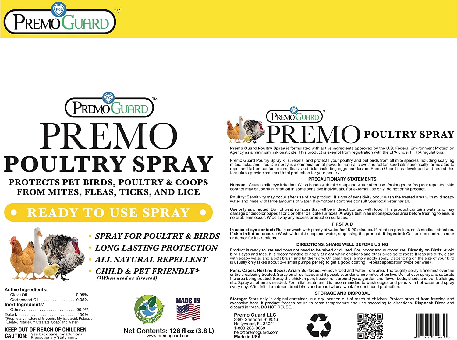Poultry Spray 128 oz | Plant Based Natural Non-Toxic | Premo Guard