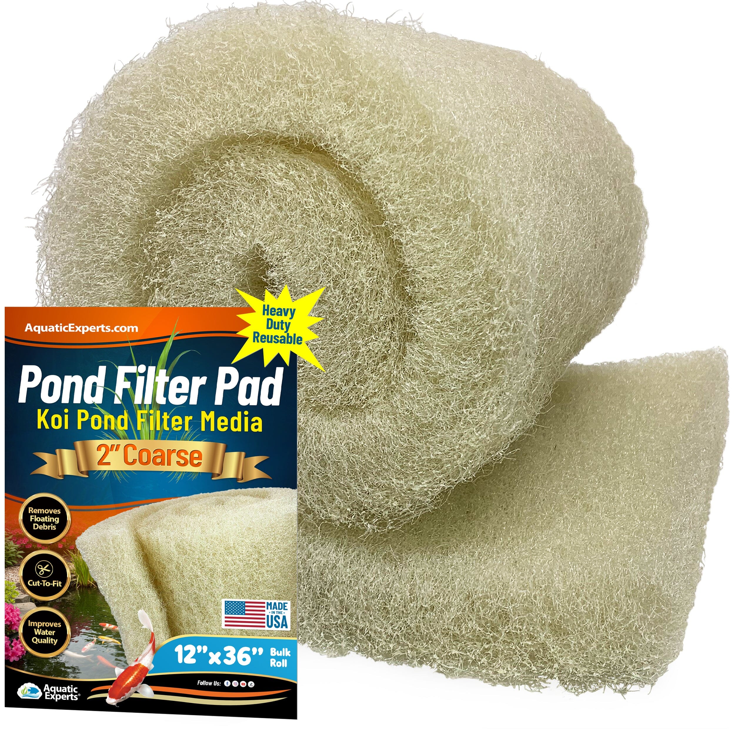 Cream COARSE Koi Pond Filter Pad - 2" Thick Bulk Roll Filter Media for Water Gardens - Made in USA