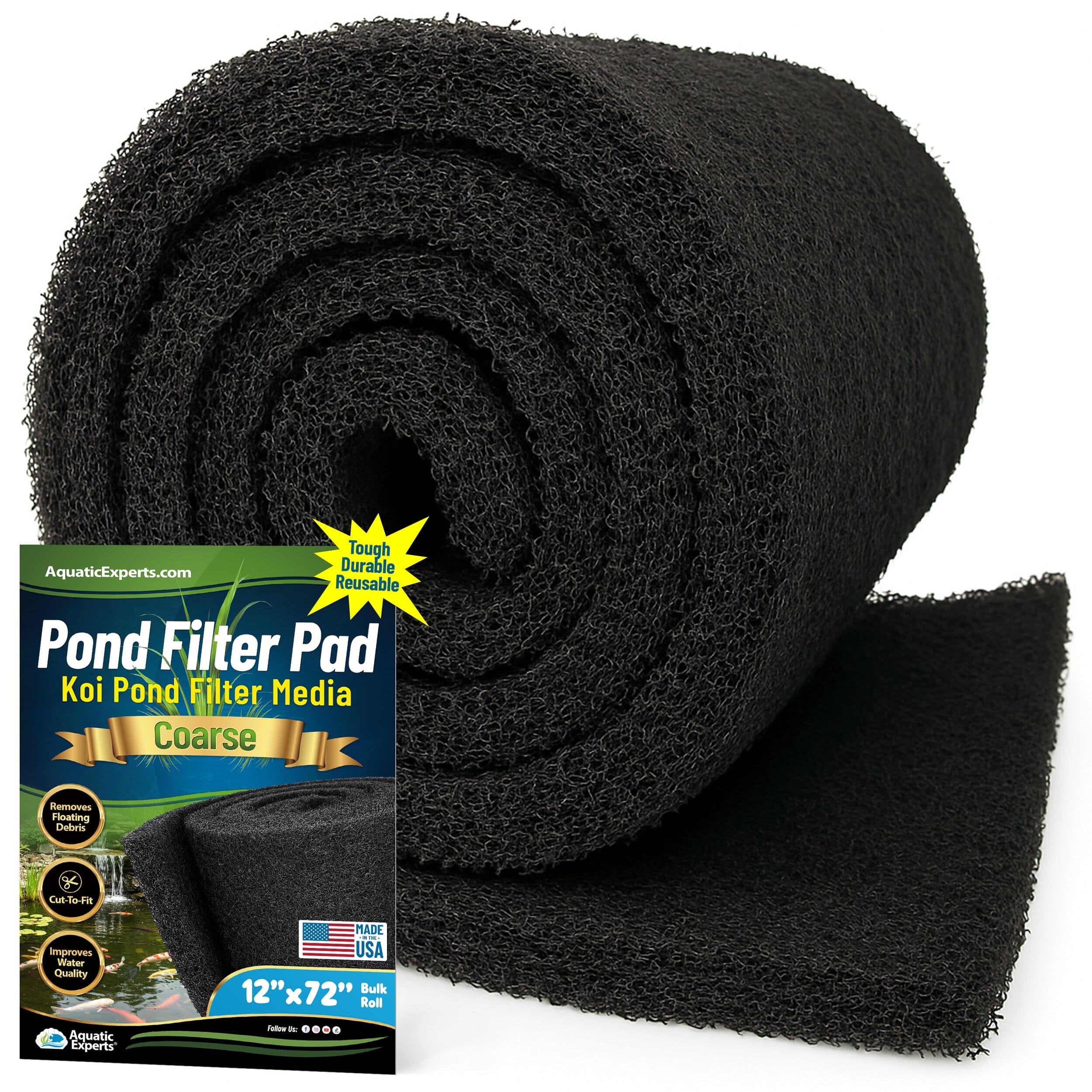 Classic Koi Pond Filter Pad COARSE - Black Bulk Roll Filter Media, Ultra-Durable Latex Coated for Fish Ponds
