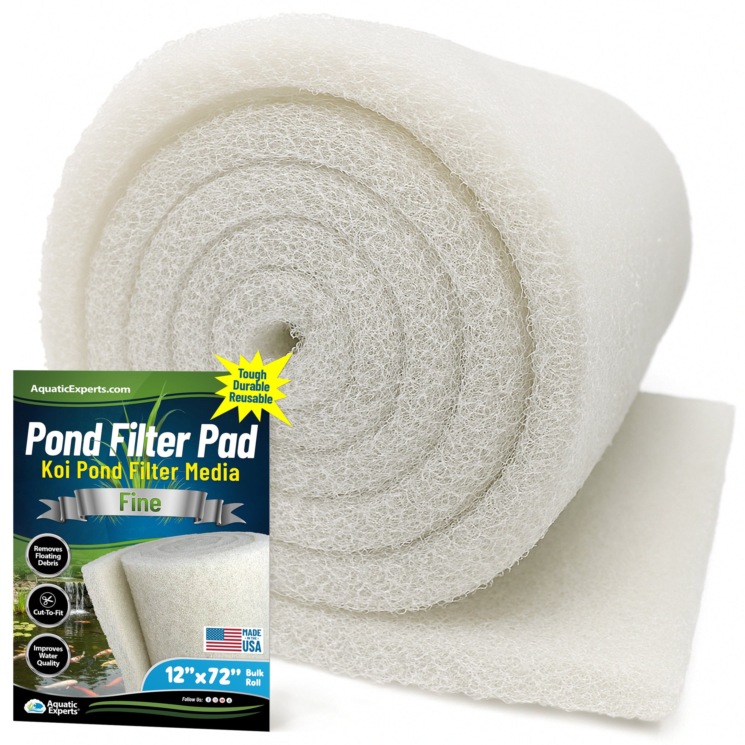 Classic Koi Pond Filter Pad FINE - White Bulk Roll Filter Media, Ultra-Durable for Fish Ponds - Made in USA