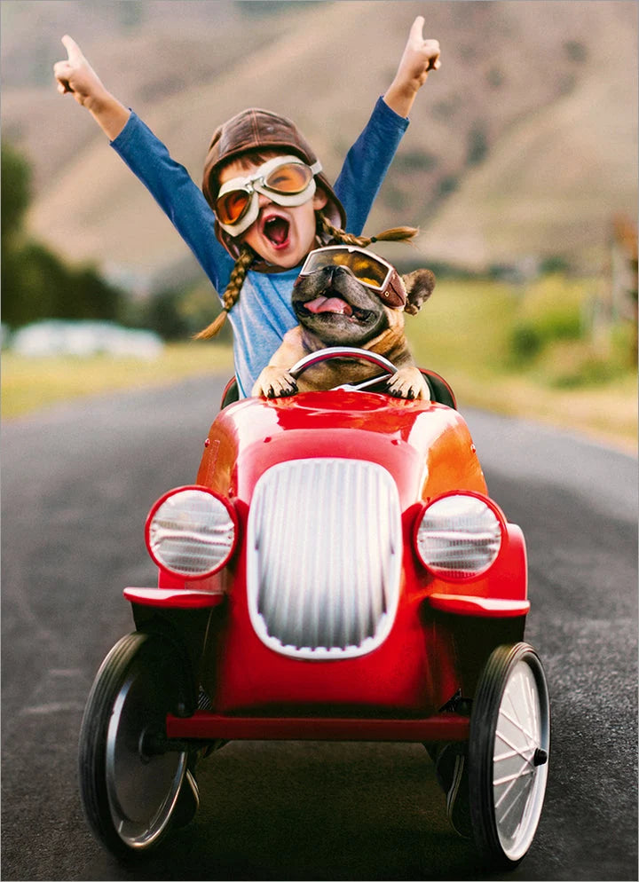 Avanti Kid And Dog In Go Cart Greeting Card