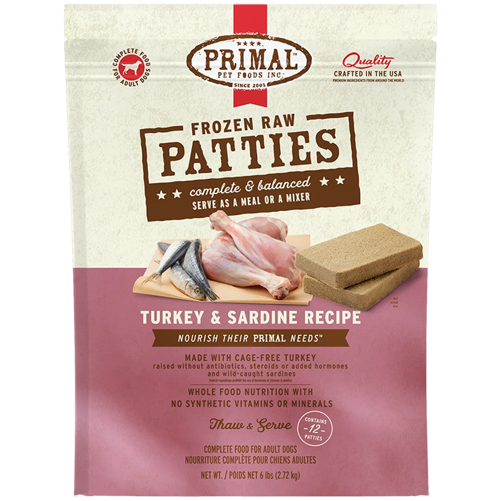 Primal Frozen Turkey & Sardine Dinner Patties For Dogs (6lb)
