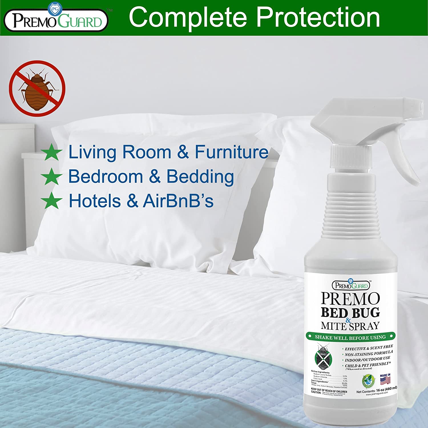 Bed Bug & Mite Killer Spray 16 oz | Natural & Non-Toxic | Premo Guard