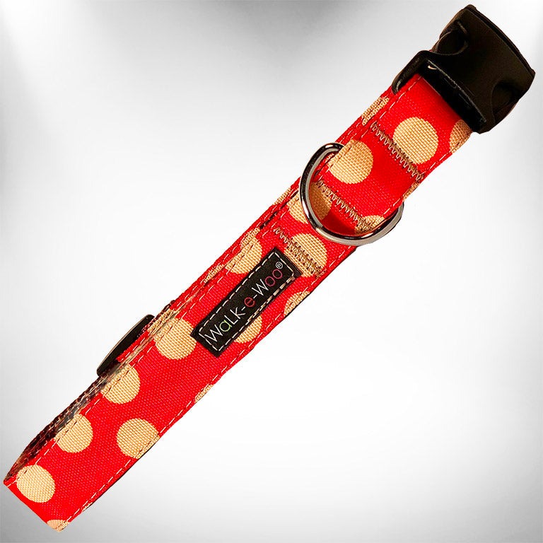 Walk-e-Woo Polka Dot Dog Collars, Leads and Bows on Red - 3 Styles