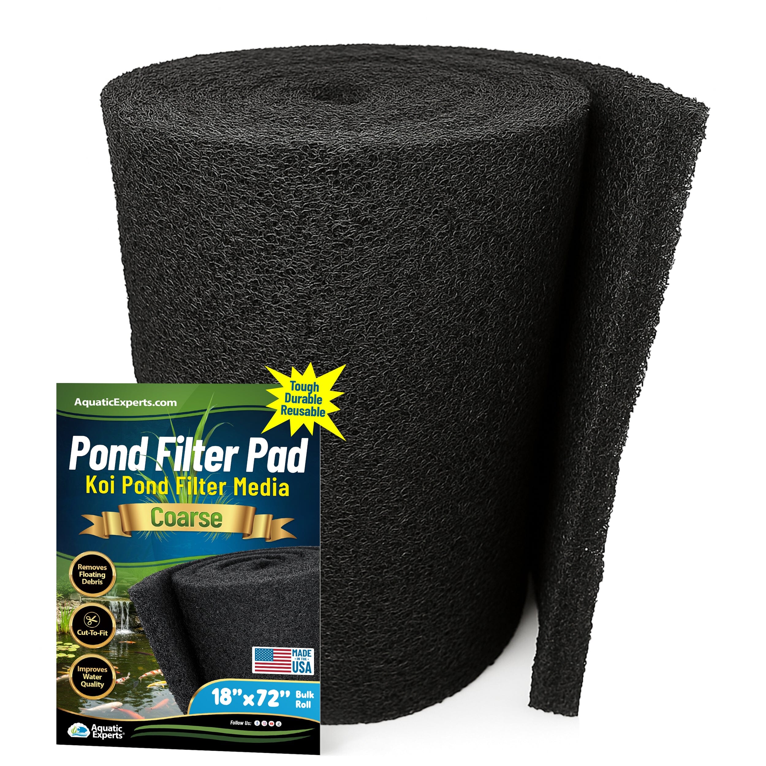 Classic Koi Pond Filter Pad COARSE - Black Bulk Roll Filter Media, Ultra-Durable Latex Coated for Fish Ponds