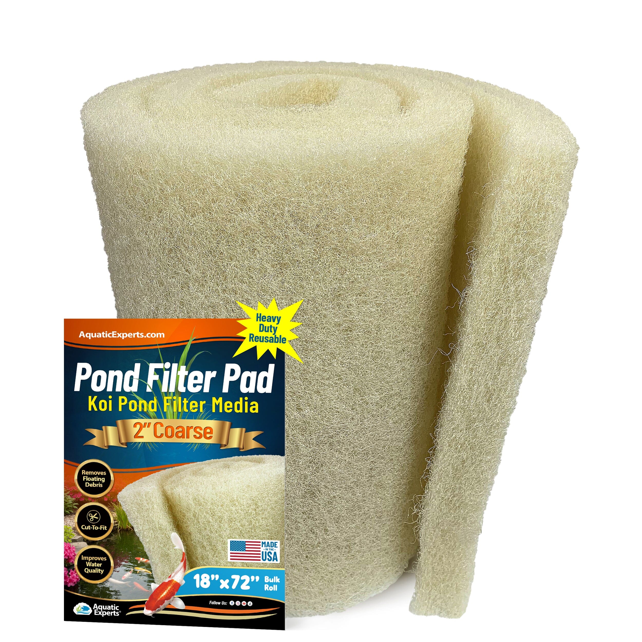 Cream COARSE Koi Pond Filter Pad - 2" Thick Bulk Roll Filter Media for Water Gardens - Made in USA