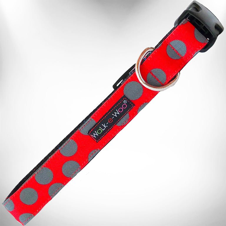 Walk-e-Woo Polka Dot Dog Collars, Leads and Bows on Red - 3 Styles