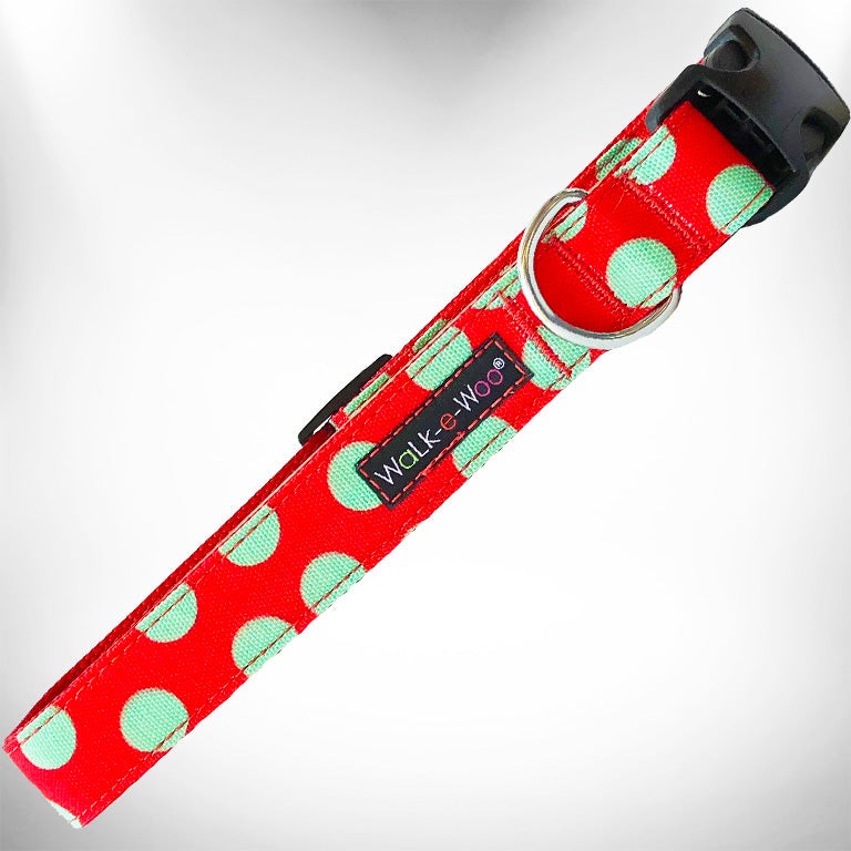 Walk-e-Woo Polka Dot Dog Collars, Leads and Bows on Red - 3 Styles