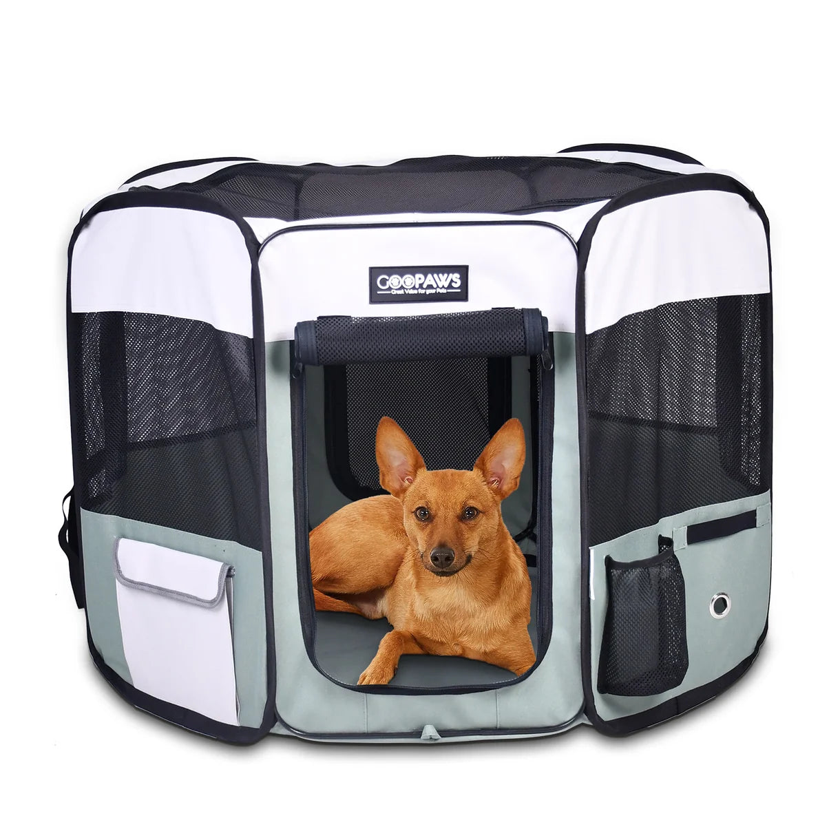 GooPaws Jespet 2-Door Portable Soft-Sided Dog, Cat & Small Pet Exercise Playpen, Green, 36'' | 36x36x24 Inch
