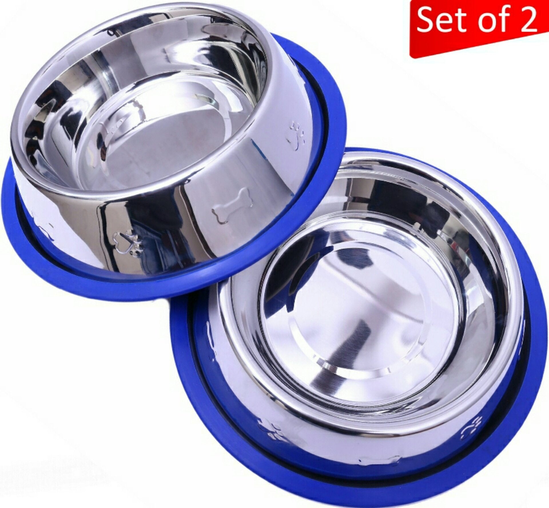 Set of 2 Etched Stainless Steel Dog Bowls with Blue Silicone Base