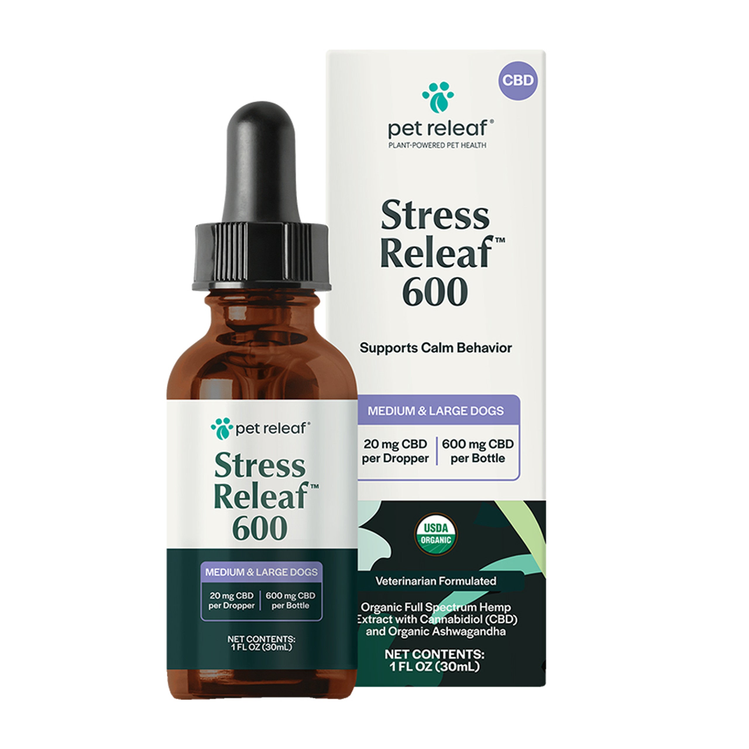 Pet Releaf Stress Organic CBD Oil, Medium/Large Dog (600mg)