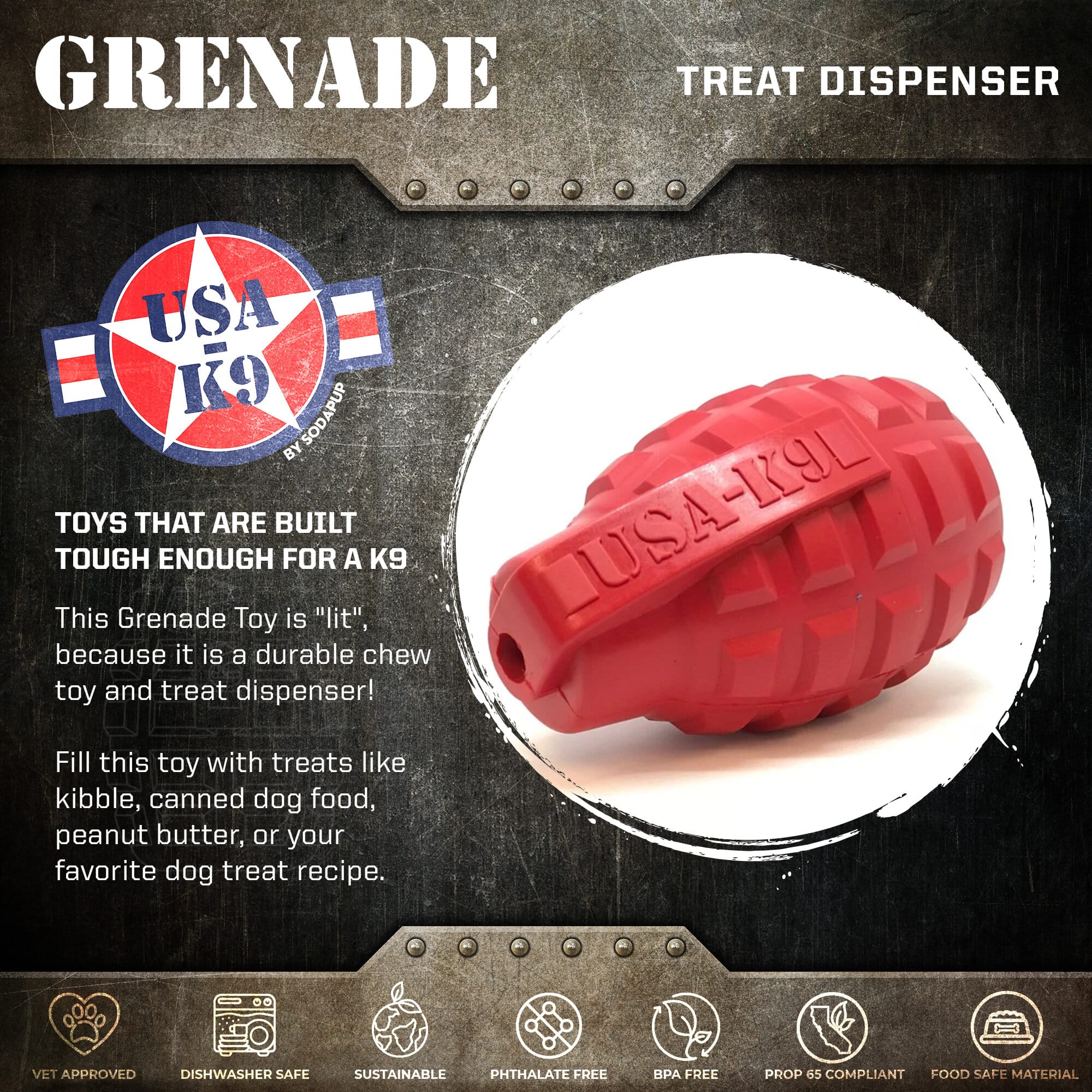Grenade eDispenser Durable Dog Chew Toy & Treat Dispenser