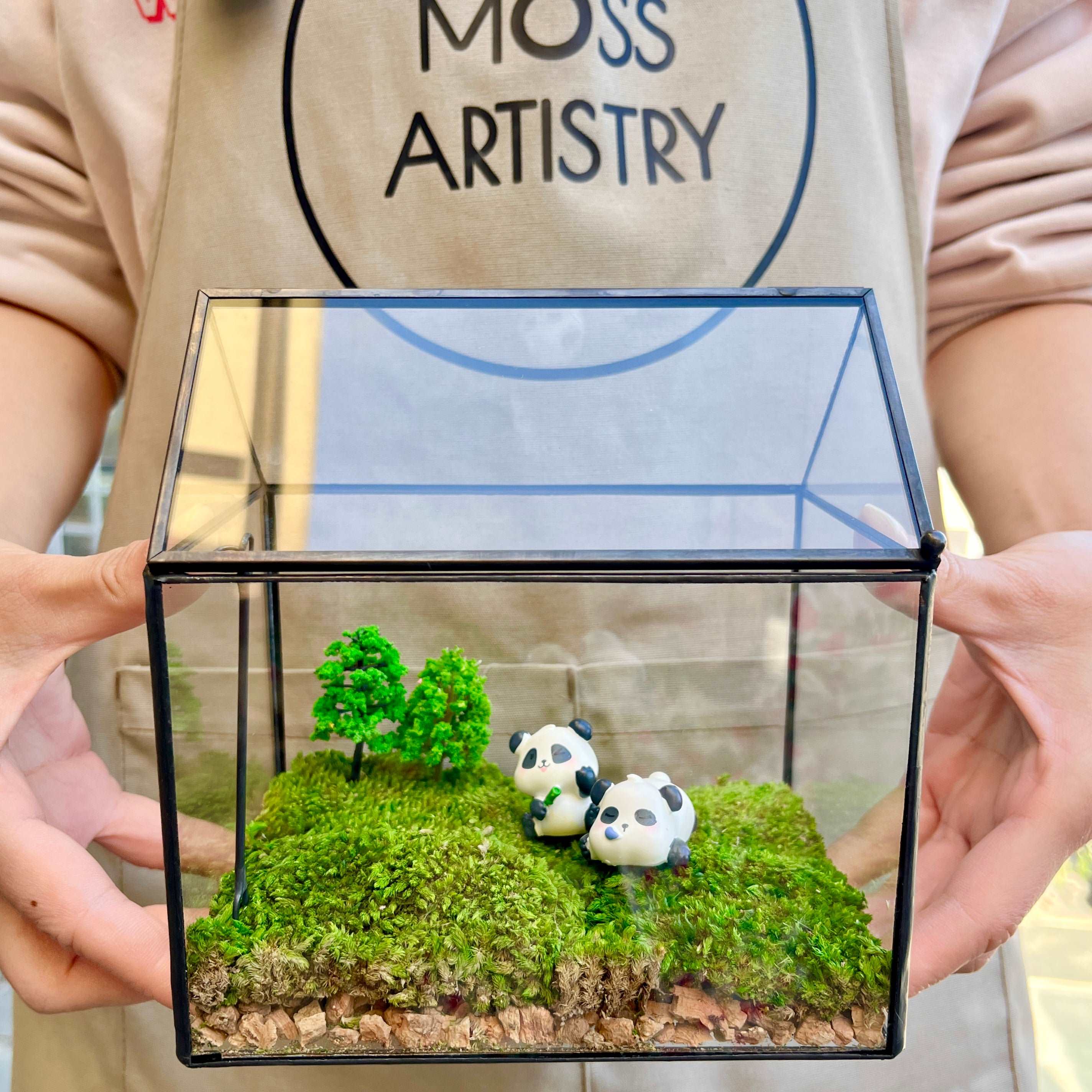 Handmade Panda Pals Glass Terrarium - Miniature Wildlife Scene and Tranquil Moss Garden - Perfect School Friend Gift