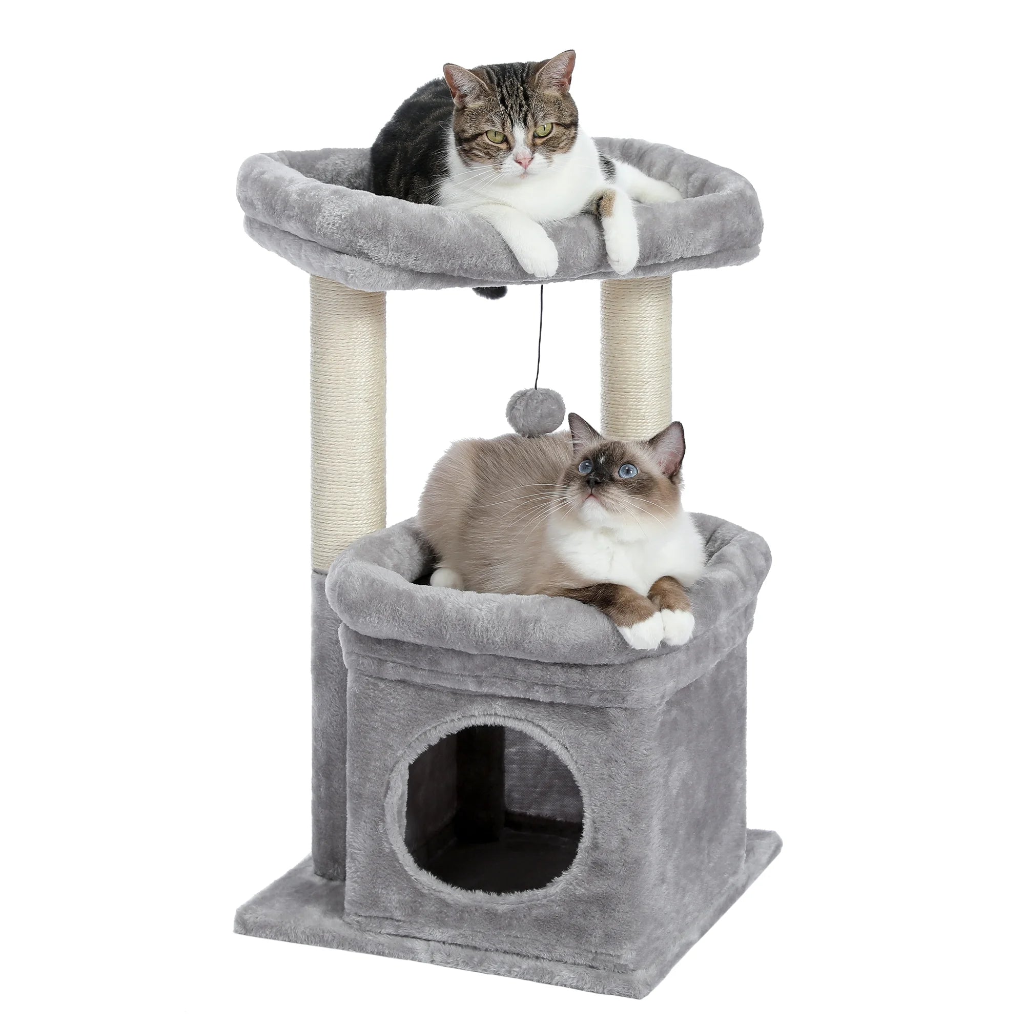 Cozy Gray Cat Tree Condo - 27" Multi-Level Tower with Spacious Perch and Scratching Posts for Kittens and Medium Cats