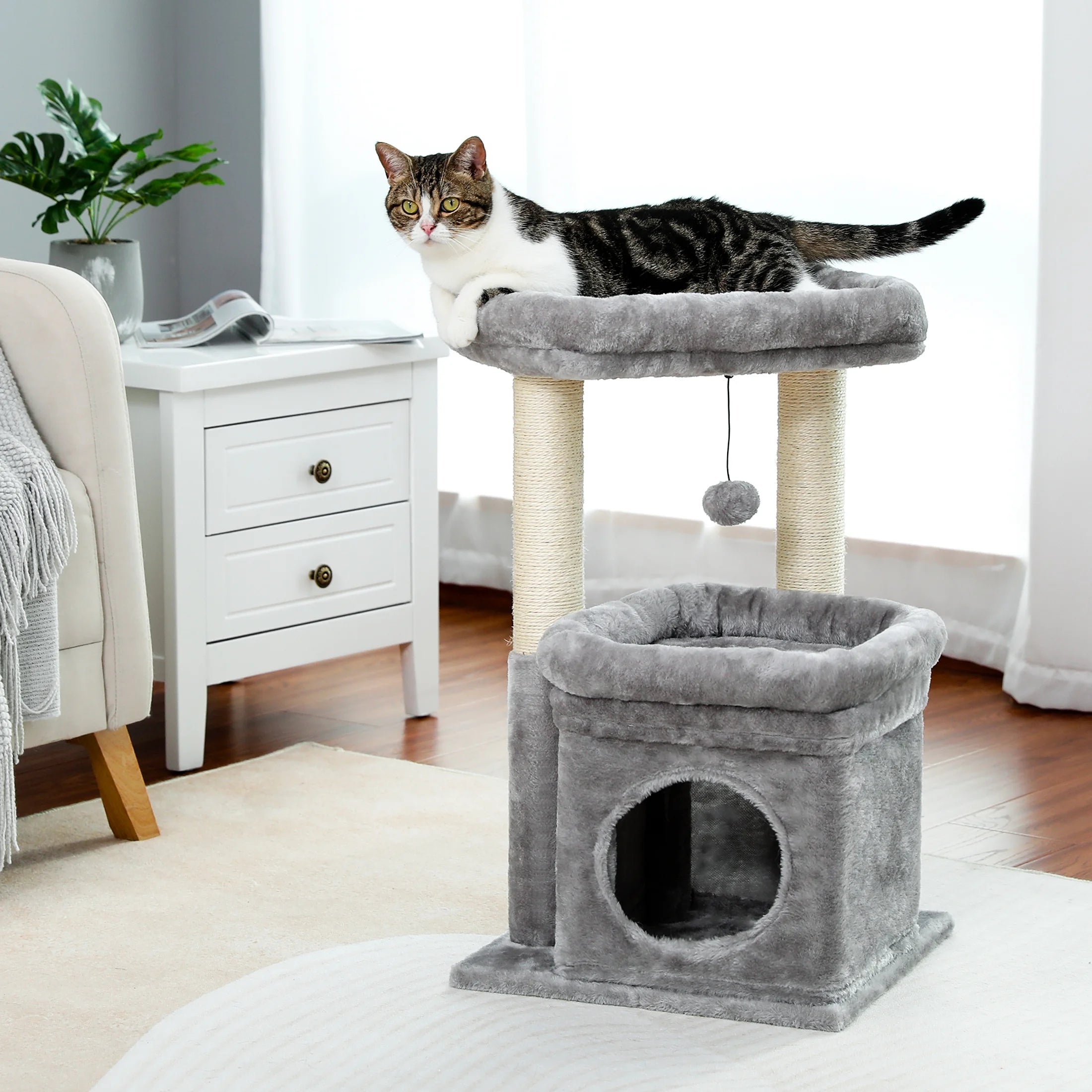 Cozy Gray Cat Tree Condo - 27" Multi-Level Tower with Spacious Perch and Scratching Posts for Kittens and Medium Cats
