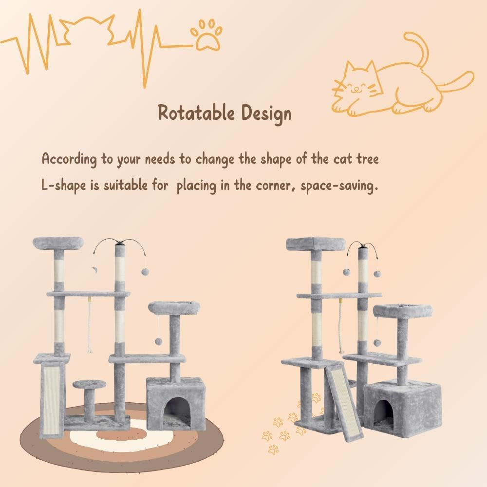 Ultimate 53.5-Inch Rotatable Cat Tree: Multi-Level Playground for Kittens and Large Cats with Cozy Condo and Scratching Posts in Light Gray