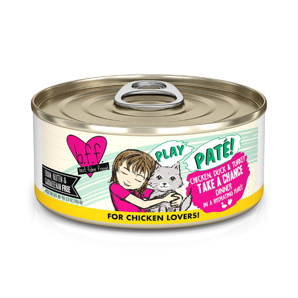 Paté BFF Adult Play de 5.5 oz Take Chance Comida húmeda para gatos con pollo, pato y pavo 