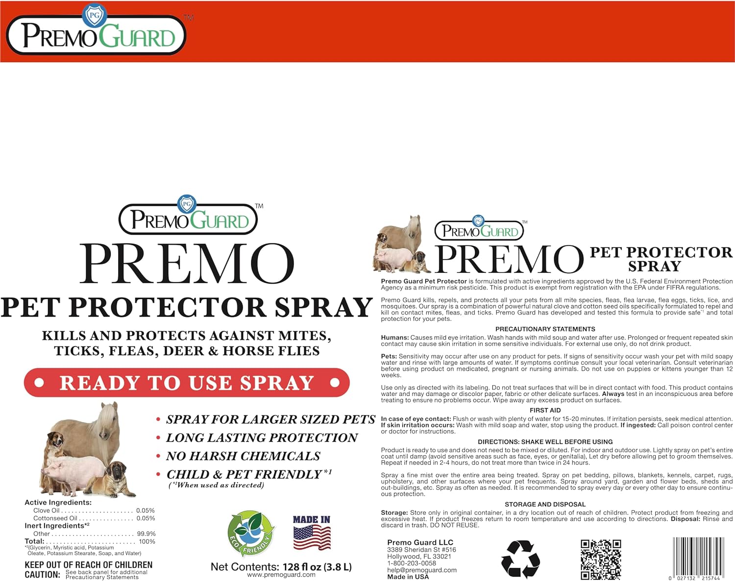 Pet Protector Spray 128 oz | Plant Based Non-Toxic Treatment | Premo Guard