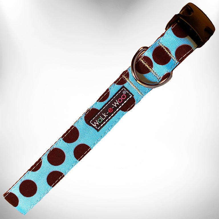 Walk-e-Woo Polka Dot Dog Collars, Leads, and Bows on Blue - 5 Styles