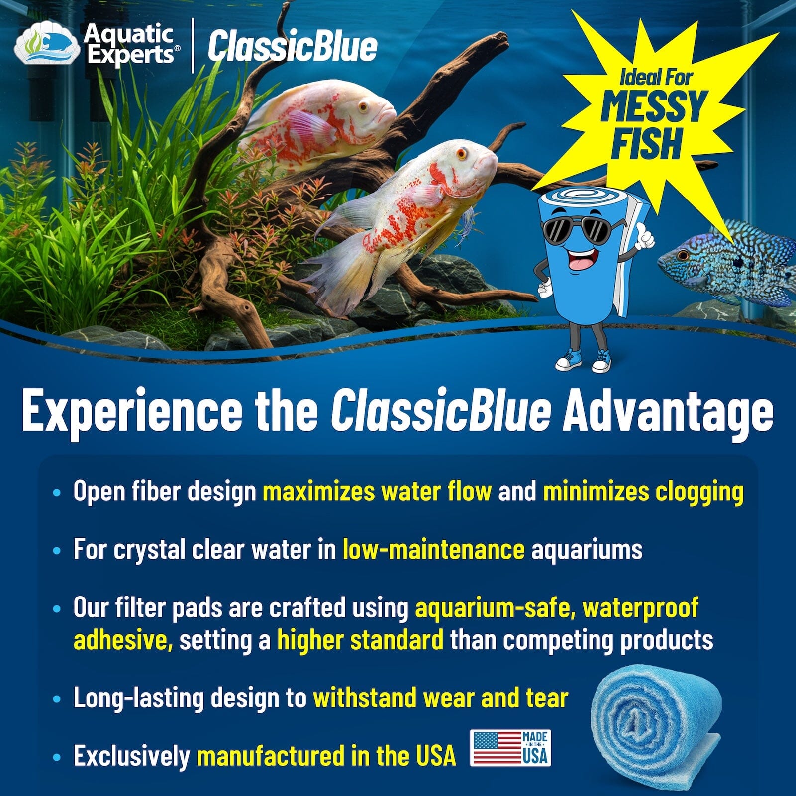 Classic Bonded Aquarium Filter Pad - Blue & White Aquarium Filter Media Roll Bulk, Customizable for Most Filters