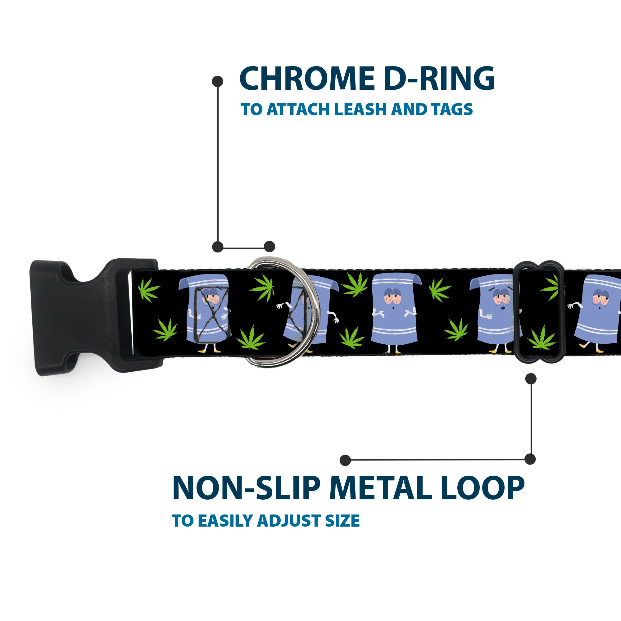 Plastic Clip Collar - South Park Towlie and Scattered Pot Leaves Black