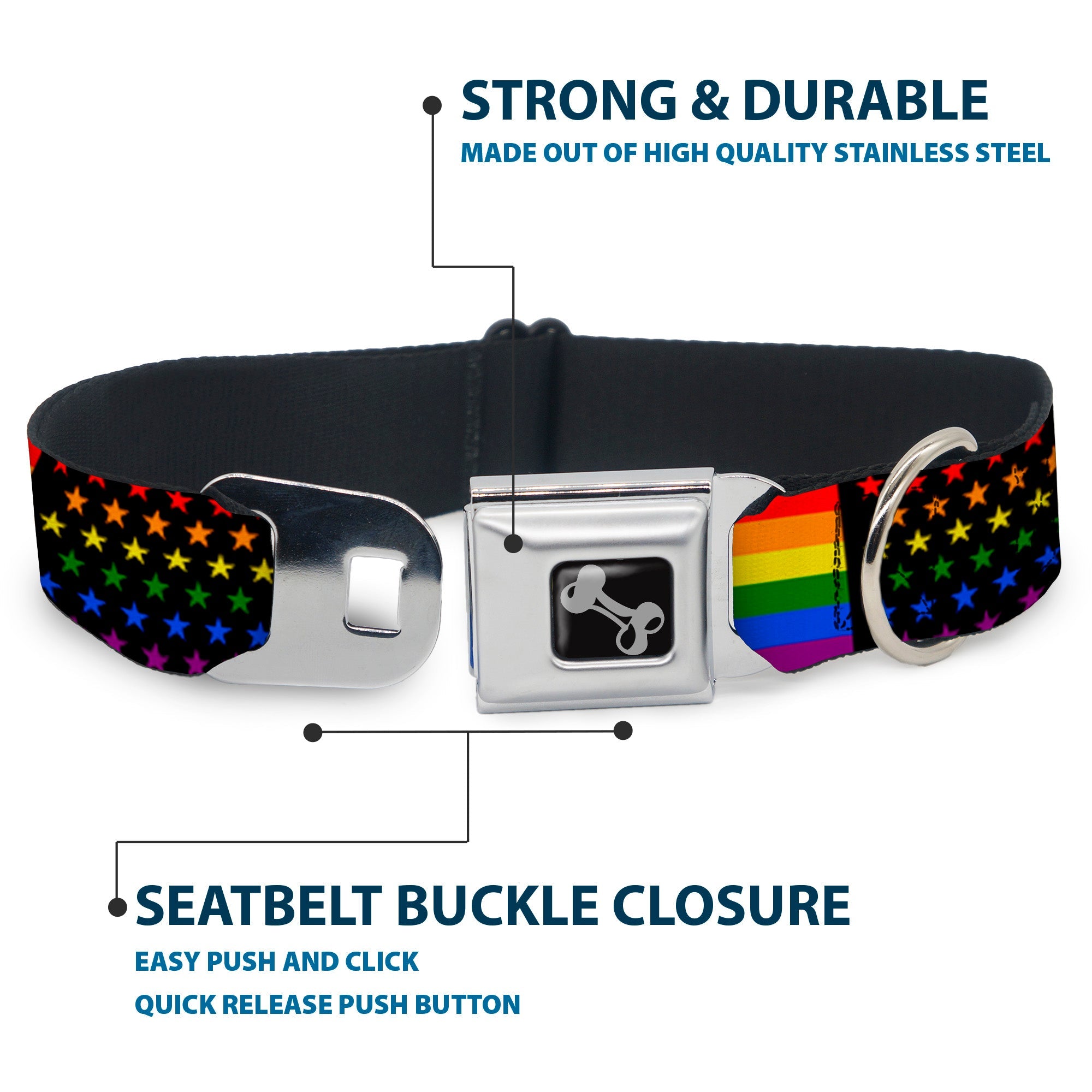 Dog Bone Seatbelt Buckle Collar - Flag American Pride Rainbow/Black