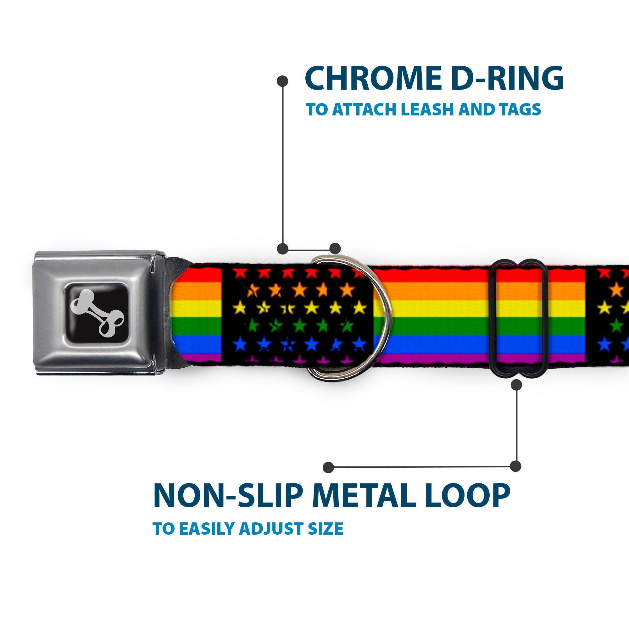 Dog Bone Seatbelt Buckle Collar - Flag American Pride Rainbow/Black