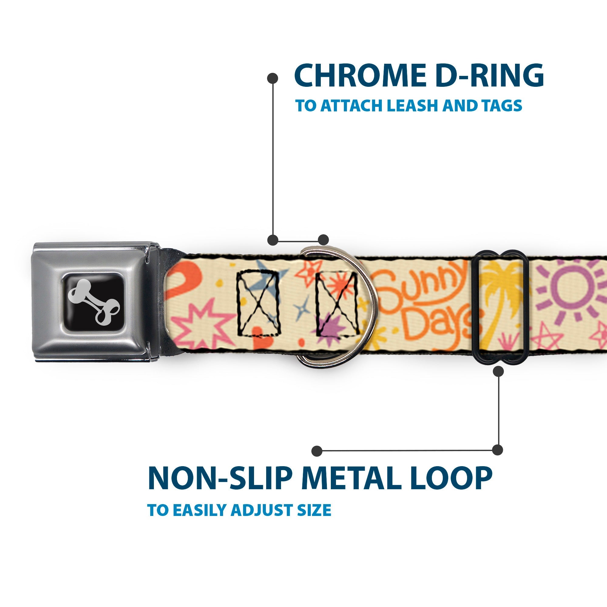 Dog Bone Black/Silver Seatbelt Buckle Collar - Summer Harmony Collage Beige/Multi Color
