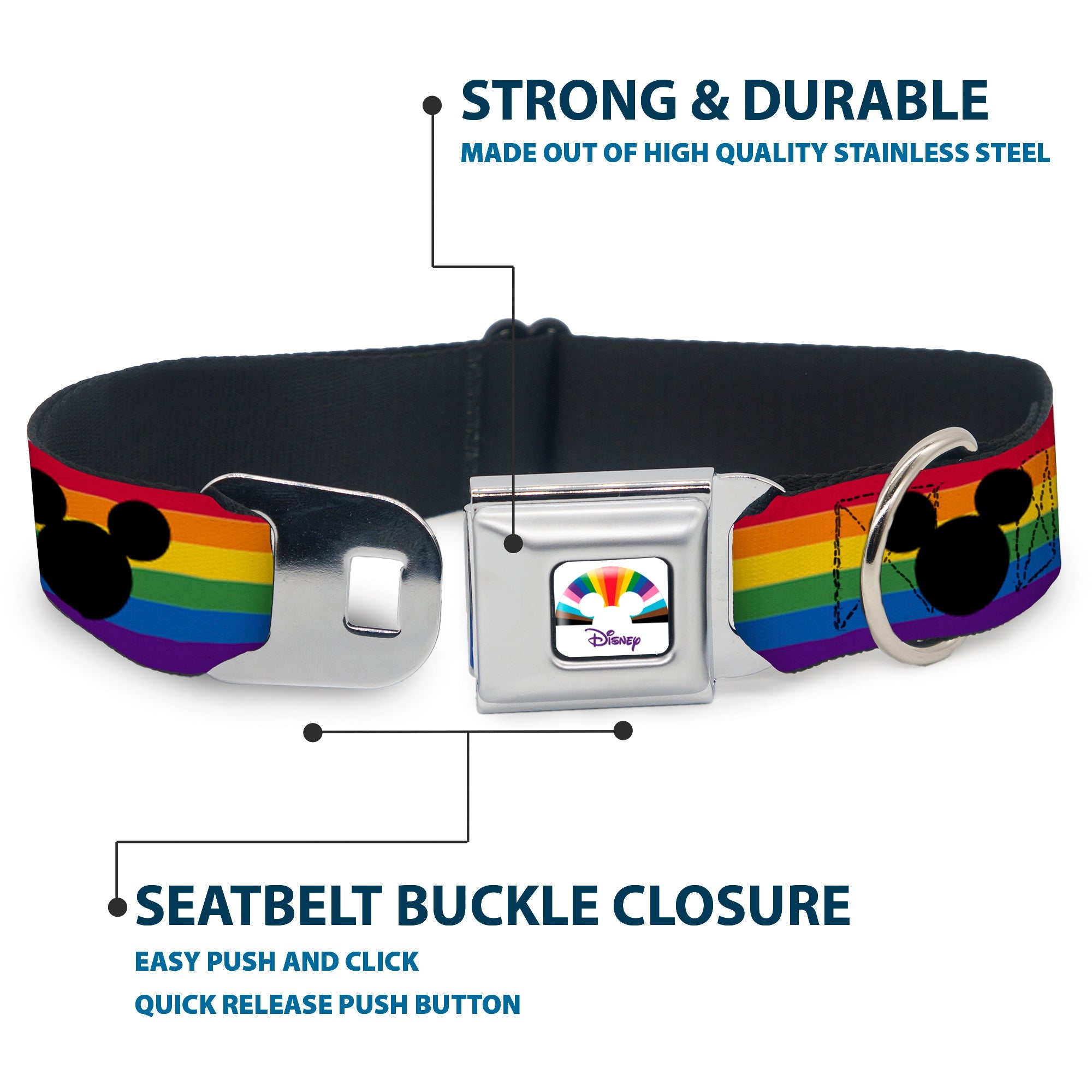 DISNEY Mickey Mouse Pride Ears Icon Full Color White/Multi Color Seatbelt Buckle Collar - Mickey Mouse Ears Icon Rainbow Pride Flag