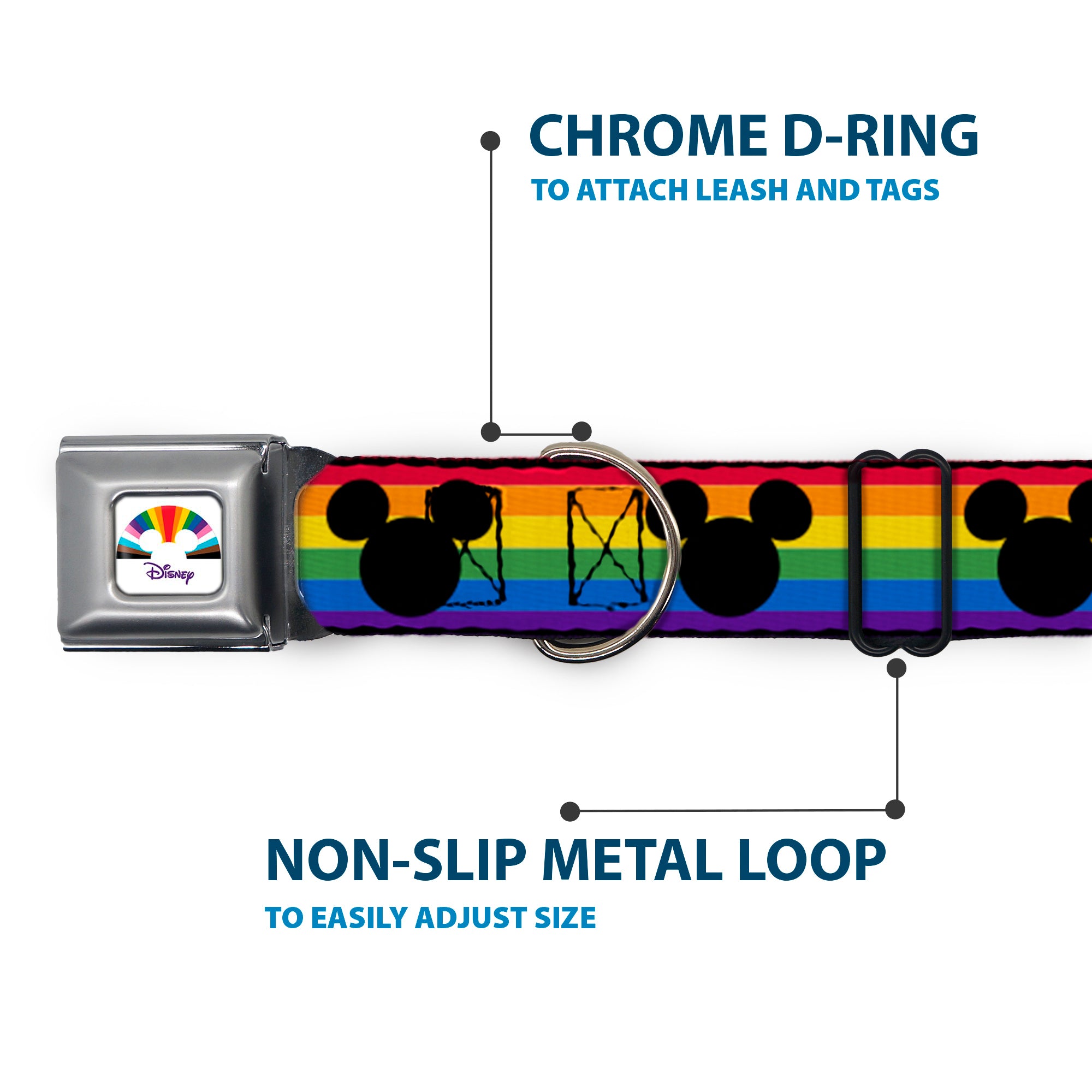 DISNEY Mickey Mouse Pride Ears Icon Full Color White/Multi Color Seatbelt Buckle Collar - Mickey Mouse Ears Icon Rainbow Pride Flag