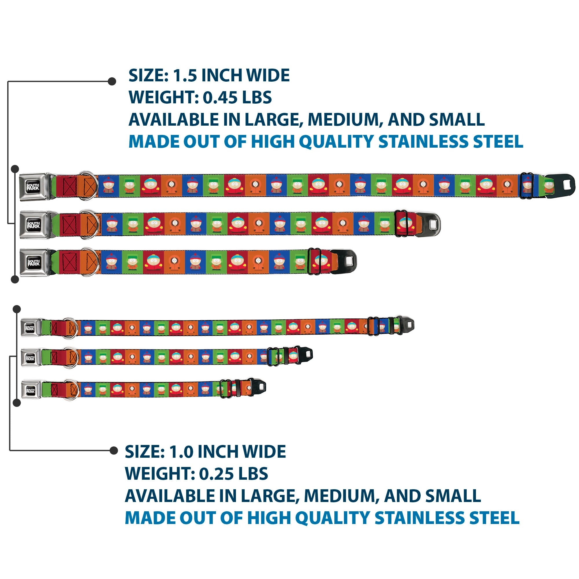 SOUTH PARK Title Logo Full Color Black/White Seatbelt Buckle Collar - South Park Boys Pose Blocks Multi Color