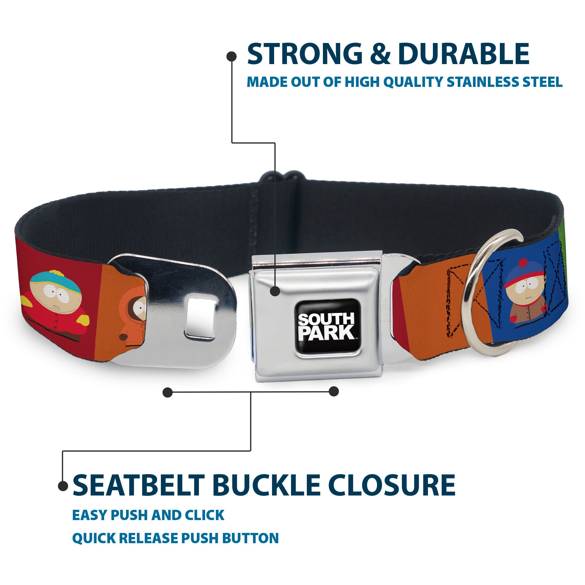 SOUTH PARK Title Logo Full Color Black/White Seatbelt Buckle Collar - South Park Boys Pose Blocks Multi Color