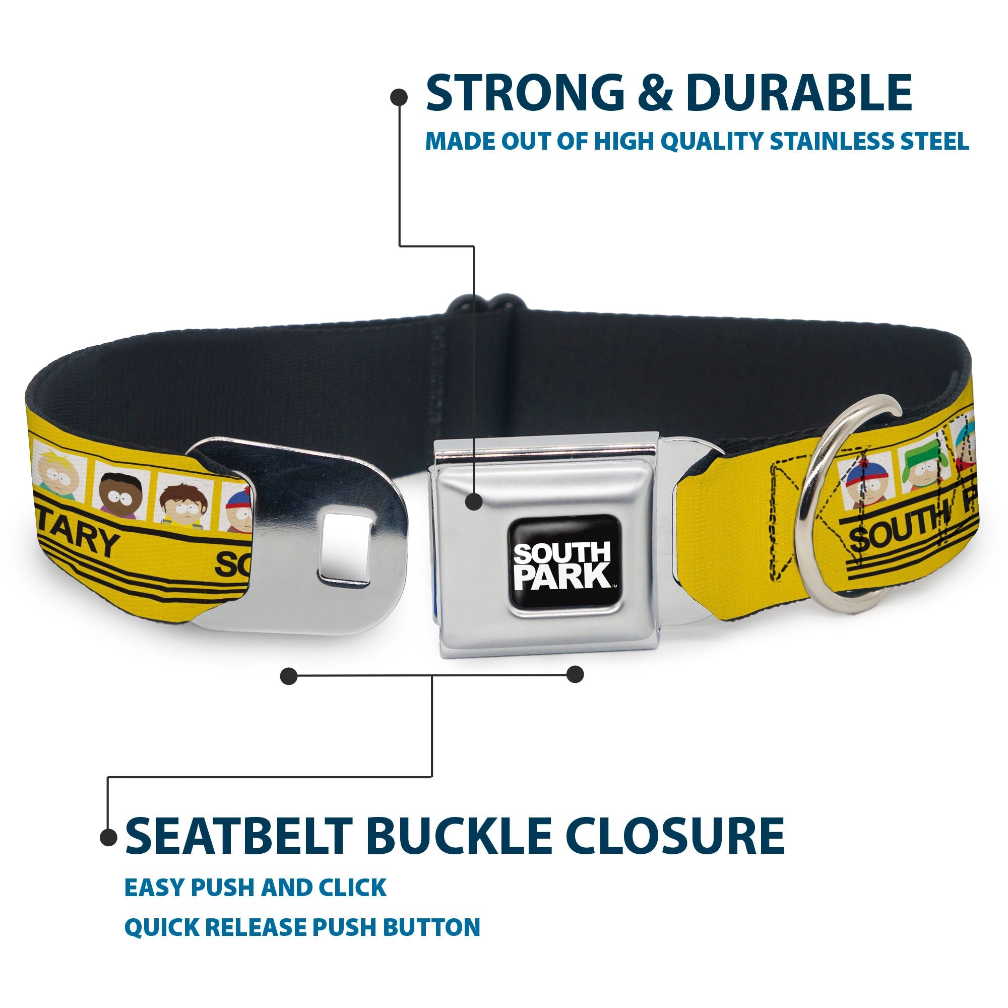 SOUTH PARK Title Logo Full Color Black/White Seatbelt Buckle Collar - SOUTH PARK ELEMENTARY School Bus Characters Pose Yellow