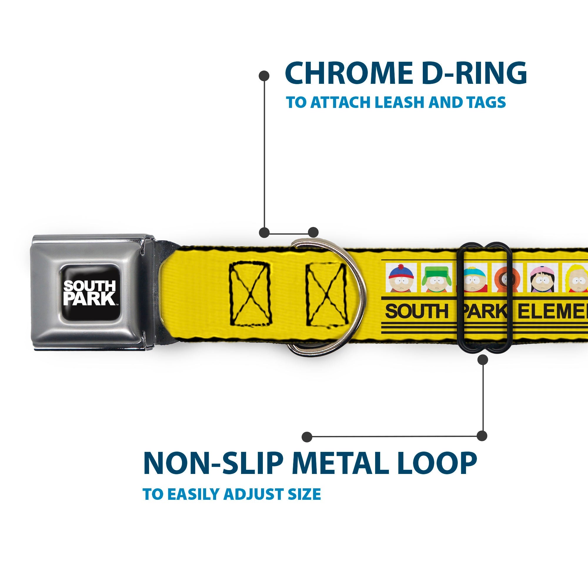 SOUTH PARK Title Logo Full Color Black/White Seatbelt Buckle Collar - SOUTH PARK ELEMENTARY School Bus Characters Pose Yellow