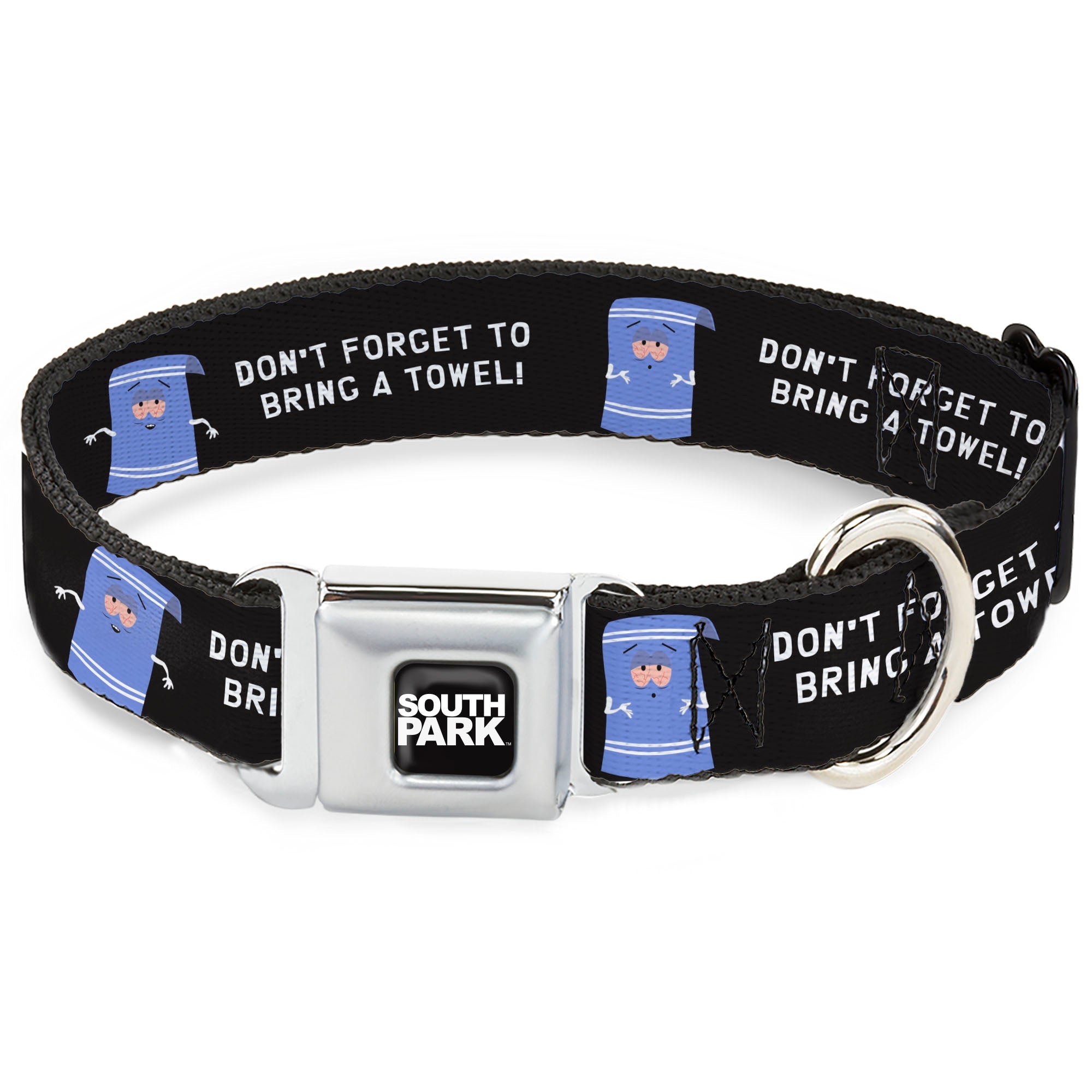 SOUTH PARK Title Logo Full Color Black/White Seatbelt Buckle Collar - South Park Towlie DON’T FORGET TO BRING A TOWEL Pose Black