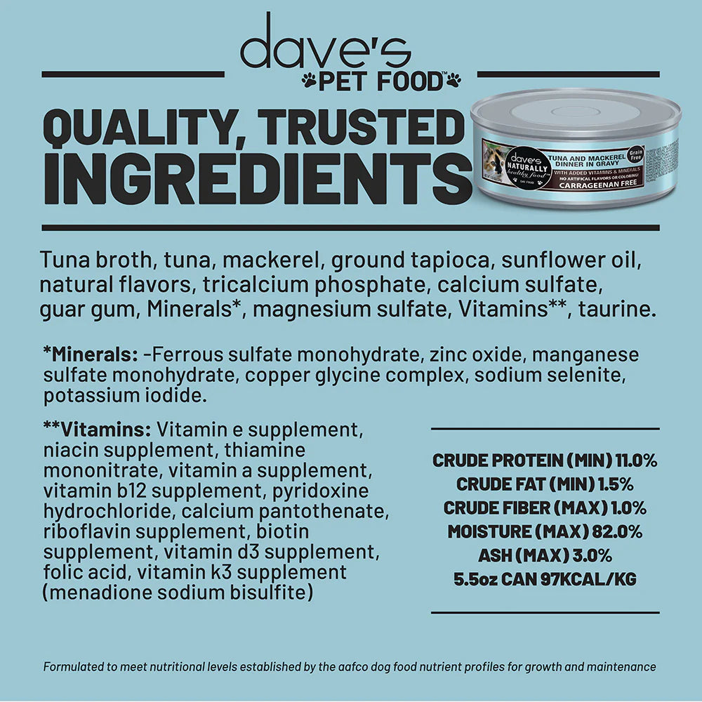 Dave's Naturally Healthy Grain Free Grilled Tuna & Mackerel Dinner In Gravy Wet Cat Food (5.5oz)