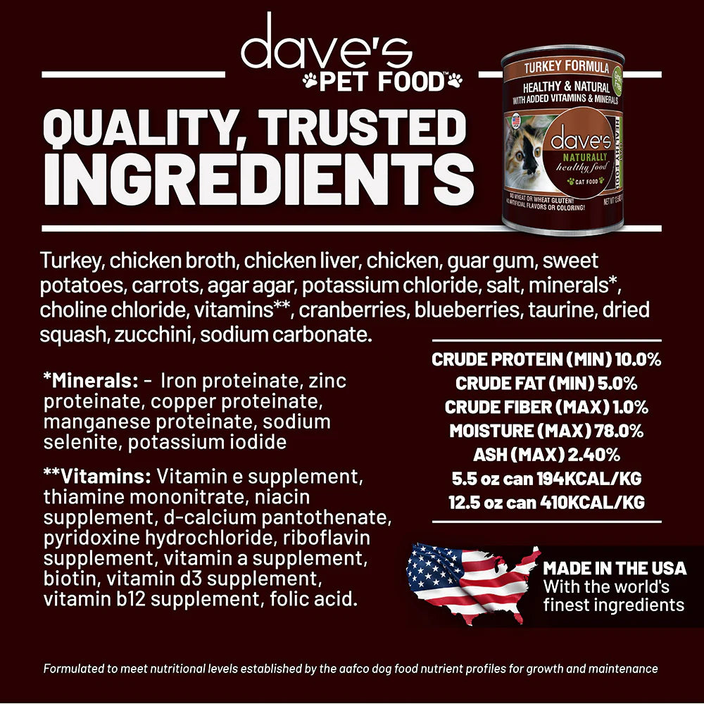 Comida húmeda para gatos Dave's Naturally Healthy Turkey Dinner Paté de 12,5 oz
