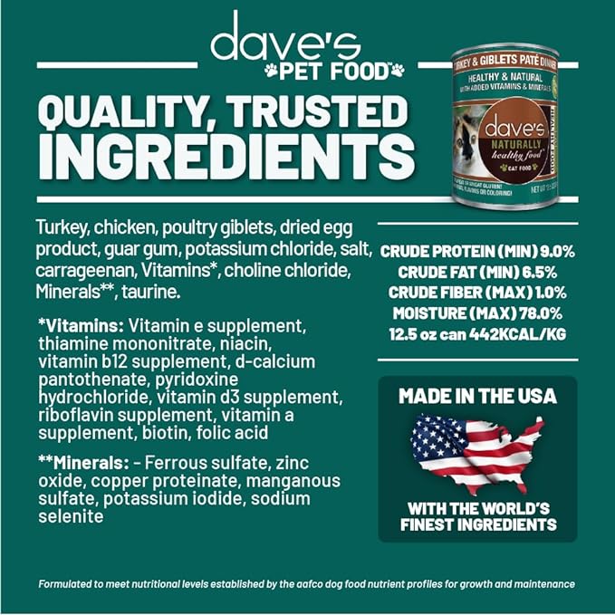 Comida húmeda para gatos Dave's Naturally Healthy Pavo y menudillos, 12.5 oz
