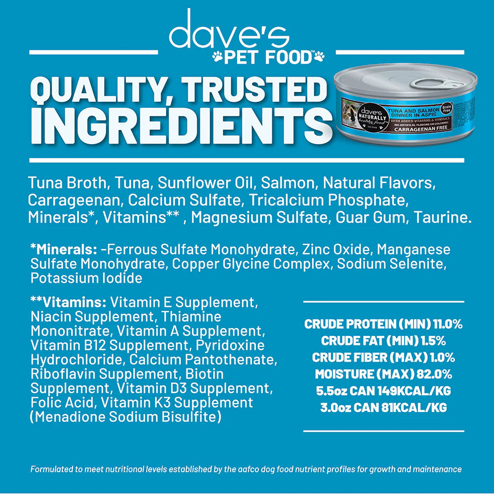 Dave's Naturally Healthy Grain Free Tuna & Salmon Dinner in Aspic Wet Cat Food (5.5oz)