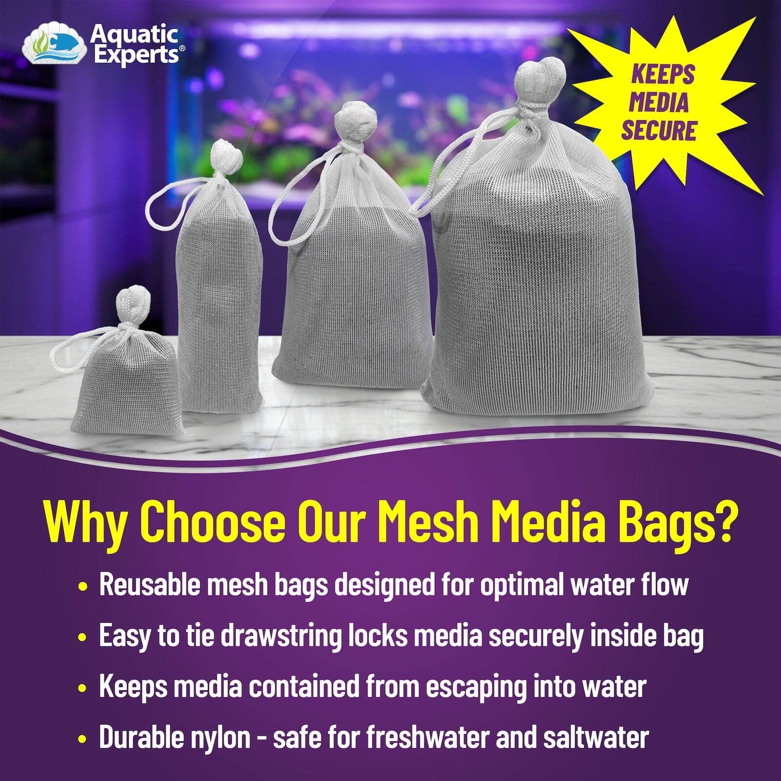 Aquatic Experts Aquarium Mesh Bag - Fine Mesh Media Bags - Perfect for Efficient Aquarium Filtration