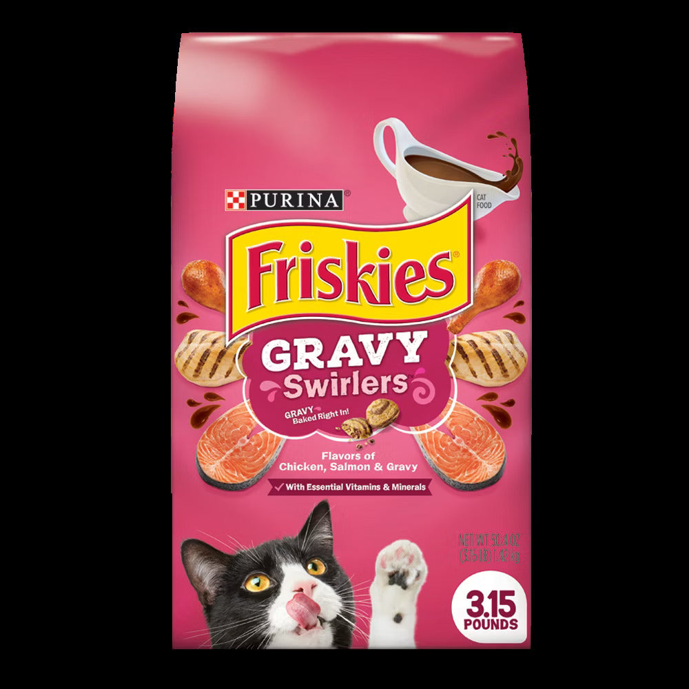 Friskies Gravy Swirlers de 3.15 lb con sabores de pollo, salmón y salsa, comida seca para gatos