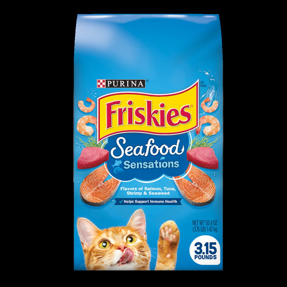 Friskies Seafood Sensations de 3.15 lb con sabores de salmón, atún, camarones y algas, alimento seco para gatos