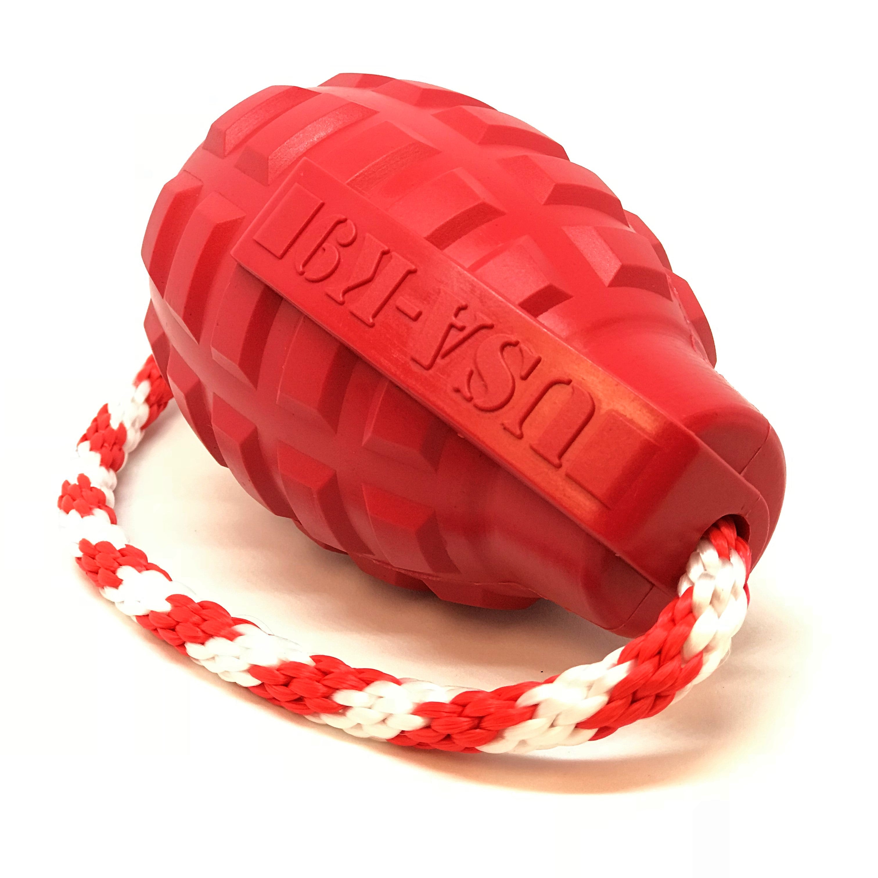 USA-K9 Grenade Durable Rubber Chew Toy, Treat Dispenser, Reward Toy, Tug Toy, and Retrieving Toy